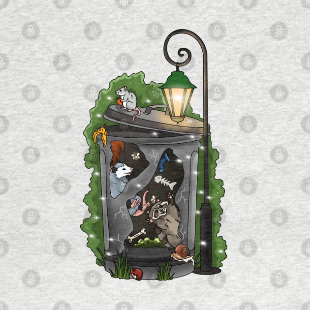 Opossum and raccoon in a trash can having fun by The Christmas Lady